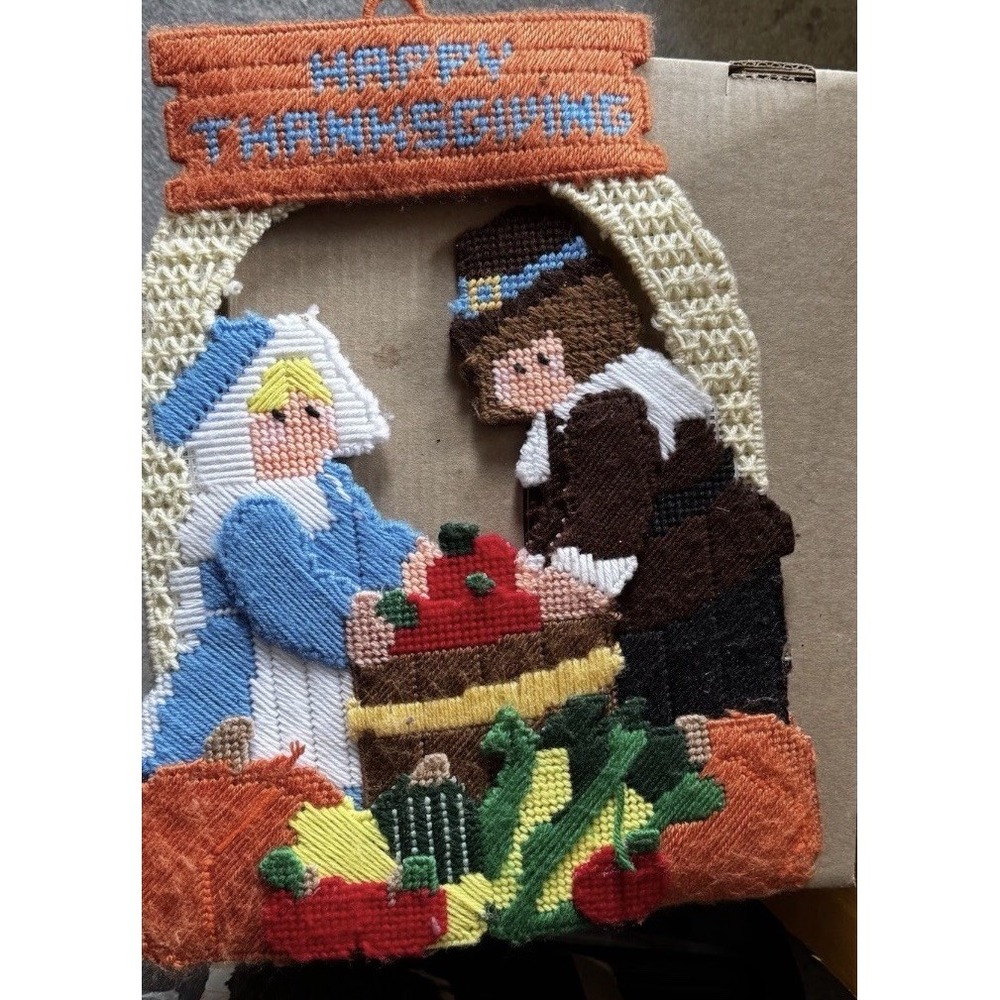 Vtg Happy Thanksgiving Pilgrims Pumpkin Corn Needlepoint Yarn Plastic Canvas 17"